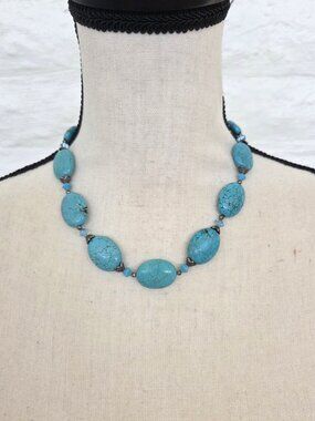 Statement Necklace Short Blue Fake Turquoise Stone Beaded Dress Choker Trendy
